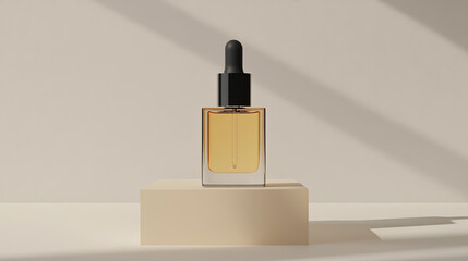 small face oil vial with pipette dropper sits elegantly on sleek pedestal, casting soft shadows. minimalist design and warm tones create calming atmosphere