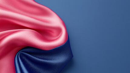 flowing pink and blue satin fabric creates smooth, elegant texture against solid blue background, evoking sense of luxury and sophistication