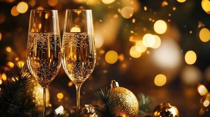 Celebratory toast: Sparkling champagne in glasses with festive ornaments and bokeh lights