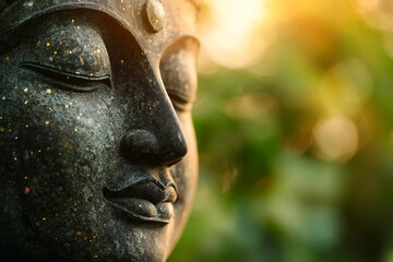 Fototapeta premium Close-up of a serene Buddha statue representing mindfulness, meditation, and mental health, Generative AI