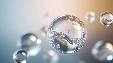 A close-up of floating bubbles with reflections and light effects.