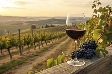 A glass of red wine against the backdrop of vineyards.