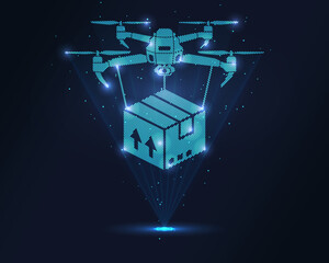 Drone delivery hologram. Futuristic holographic projection of a drone delivering a package with glowing energy flux and innovative design. Ideal for logistics, technology, and transportation concepts