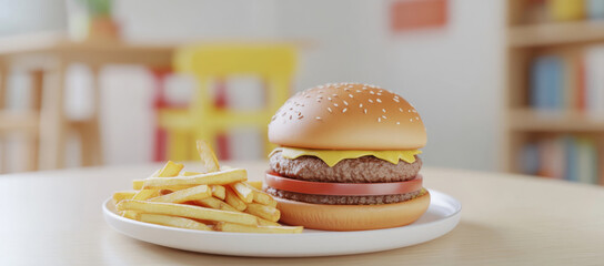 delicious hamburger with cheese, tomato, and lettuce is served with crispy fries on white plate, set on wooden table in bright, casual dining setting