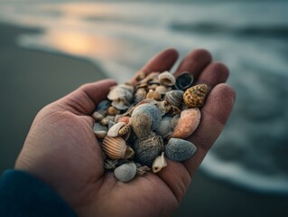 "Capture essence of beach with close-up of seashells in hand, perfect for nature-themed projects or coastal decor. Evoke tranquility and beauty of shoreline."