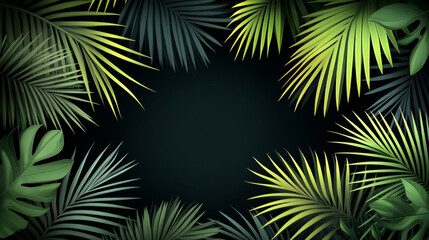 lush arrangement of tropical leaves frames dark green background, creating vibrant and natural border. variety of leaf shapes and shades adds depth and texture to scene