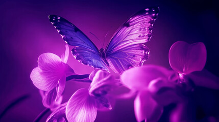 butterfly with delicate wings rests on cluster of flowers, bathed in dreamy purple light, creating serene and enchanting atmosphere