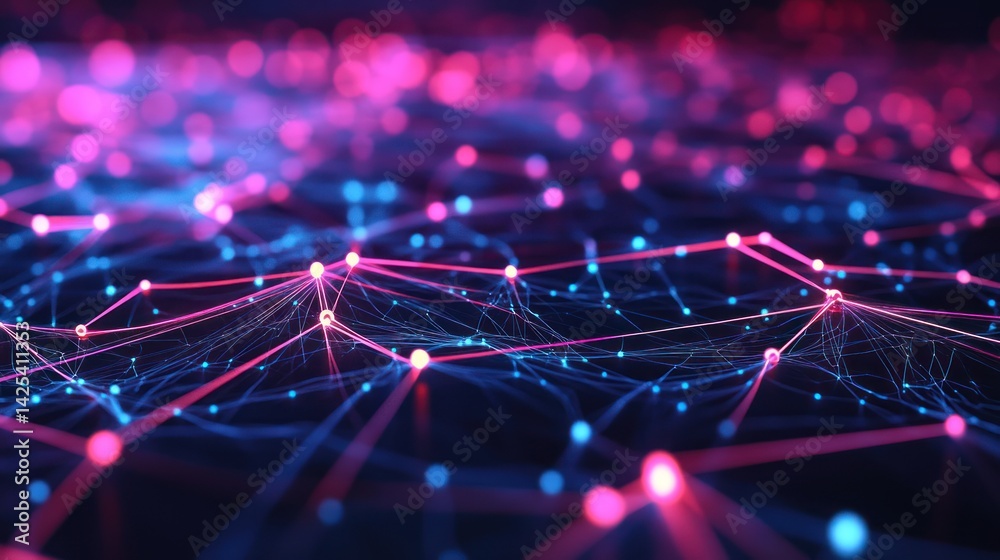 Poster abstract visualization of interconnected network nodes with vibrant neon illumination