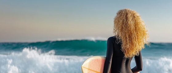 Blonde woman stands on the beach holding a surfboard. The ocean is in the background and the sky is blue
