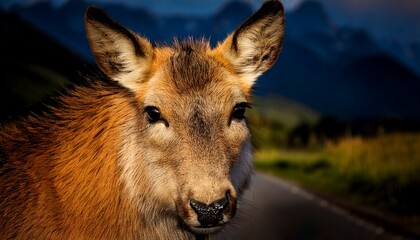 Fototapeta premium A close-up portrait of a deer standing on a rural road with scenic mountains in the background during golden hour.
