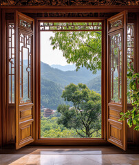 wooden window with intricate glass panes opens to serene view of lush green mountains and trees, creating peaceful and inviting atmosphere. Sunlight filters through, enhancing natural beauty