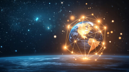 glowing Earth is surrounded by network of interconnected points, symbolizing global connectivity and technology in starry space background