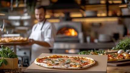 Man is standing in front of a pizza oven. There are several pizzas on the counter, including one with basil