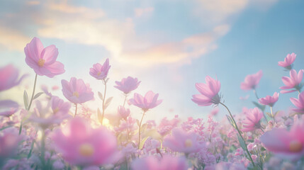 Naklejka premium Serene sunset over a vibrant field of blooming pink flowers under a pastel sky