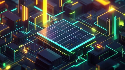 Fototapeta premium Solar panel, futuristic city, energy flow, digital art