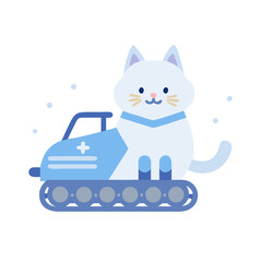 Cute white cat riding on blue tracked vehicle