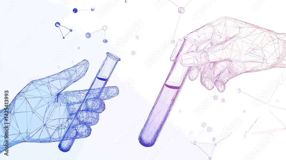 Poster digital science and analysis concept with low poly wireframe test tubes and hands in abstract vector