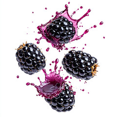 Blackberries with deep purple juice splashes, isolated on white background