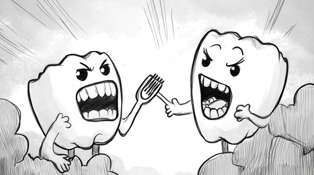 Two angry teeth clash with a fork.