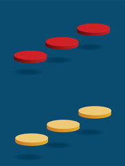 Set of 3d yellow, red product display podium on blue background, three cylinder podium floating up, empty stage mockup for presentation your platform, cosmetic, sale banner, vector illustration