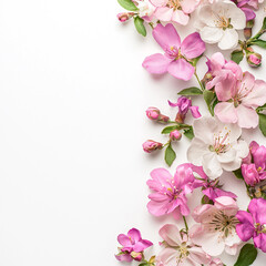 Obraz premium Blooming spring flowers forming a soft border, isolated on white background