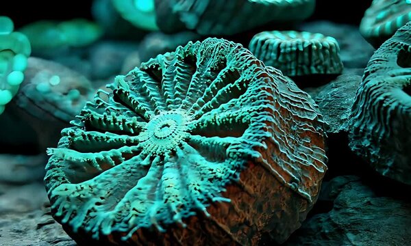 Fossilized, circular, teal-colored, ancient marine life, detailed texture