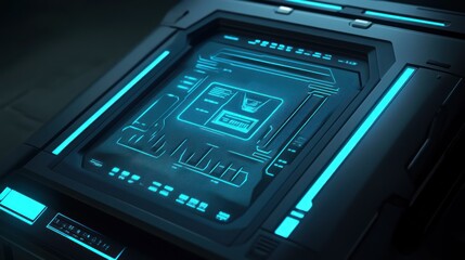 Fototapeta premium Futuristic tech panel glows, dark room