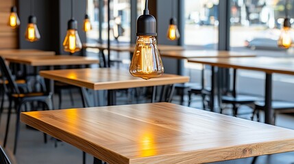 Empty Modern Restaurant Interior with Warm Lighting and Wooden Tables