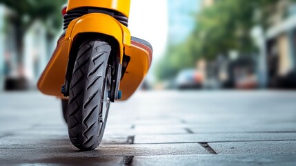 Yellow scooter with a black tire is parked on a sidewalk. The scooter is leaning on the curb, and the tire is visible. Concept of urban life and transportation