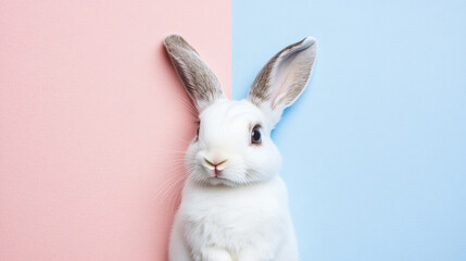 Obraz premium cute white rabbit with large ears sits against pastel pink and blue background, creating charming and playful contrast. rabbit soft fur and curious expression add to its adorable appeal