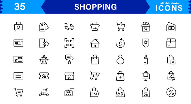 Modern Shopping Icon Set Vector Illustration. Featuring Essential Retail, E-commerce, and Shopping Cart Symbols
