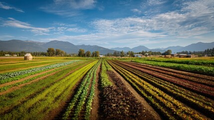 Scenic farmland with rows of crops under a blue sky, representing agriculture and rural life. Perfect for farming articles, agricultural marketing, and countryside travel.