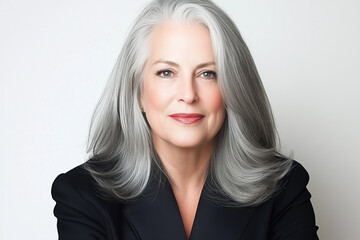 Naklejka premium A mature woman with beautiful grey hair in a professional portrait, exuding confidence