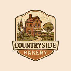 Vintage Countryside Bakery Illustration with Wheat Field and Stone House