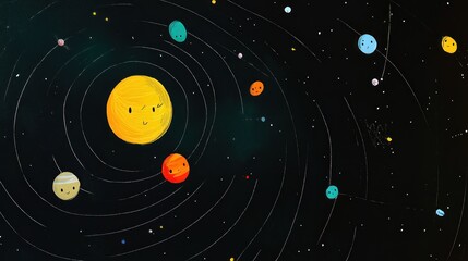 Cartoonish solar system, planets orbiting a happy sun, cosmic illustration