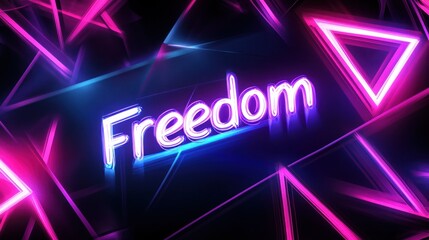 Obraz premium Neon Freedom sign, triangle backdrop, digital art