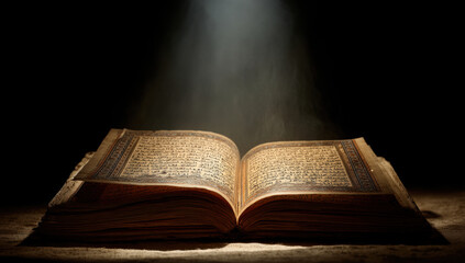 Open book with glowing pages, symbolizing knowledge and enlightenment, illuminated by soft light