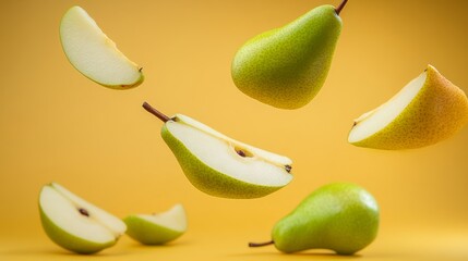 Close up of a bunch of green pears with one of them being cut in half. The pears are flying through the air, creating a sense of motion and energy. The image conveys a feeling of freshness