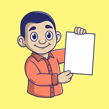Smiling Cartoon Boy Holding Blank Paper