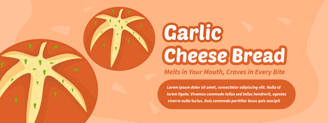 Garlic cheese bread with creamy filling and chopped herbs on top served on orange background with text layout for bakery promotion or food product advertisement banner