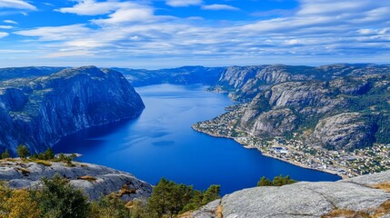 Obraz premium Panoramic view of a fjord, nestled between towering cliffs, a picturesque town visible at the water's edge under a bright sky