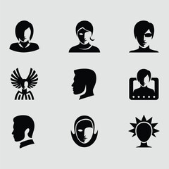Set Of Nine Vector Icons Featuring Portraits Silhouettes Faces And Abstract Emblems On Gray Background