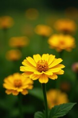 Obraz premium Vibrant yellow zinnia blossoms in a garden bed , gardening, bright