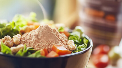 Protein powder blending into fresh salad, nutrition labels in soft focus, symbolizing balanced diet and healthy lifestyle.