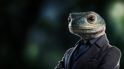 Frog wearing a suit and tie is standing in front of a dark background. The frog's expression is serious and focused, giving the impression of a businessman