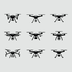 Collection Of Nine Drone Icons In Black Silhouette On A Light Gray Background For Multiple Purposes