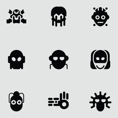 Creative Collection Of Alien Robot And Monster Icons In Solid Black Color Vector Illustration For Graphic Design Resources
