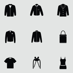Assorted Fashion And Apparel Vector Icons With Coats Shirts Dresses And A Gift Bag Ensemble