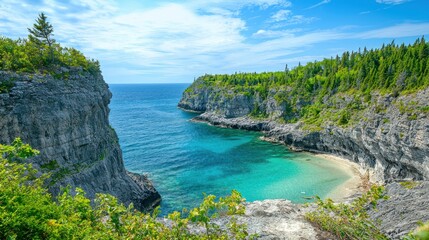 A scenic view of a coastal region with cliffs, sandy beaches, and vibrant blue water meeting the sky.