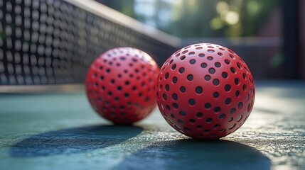 Two red, perforated spheres on a court surface